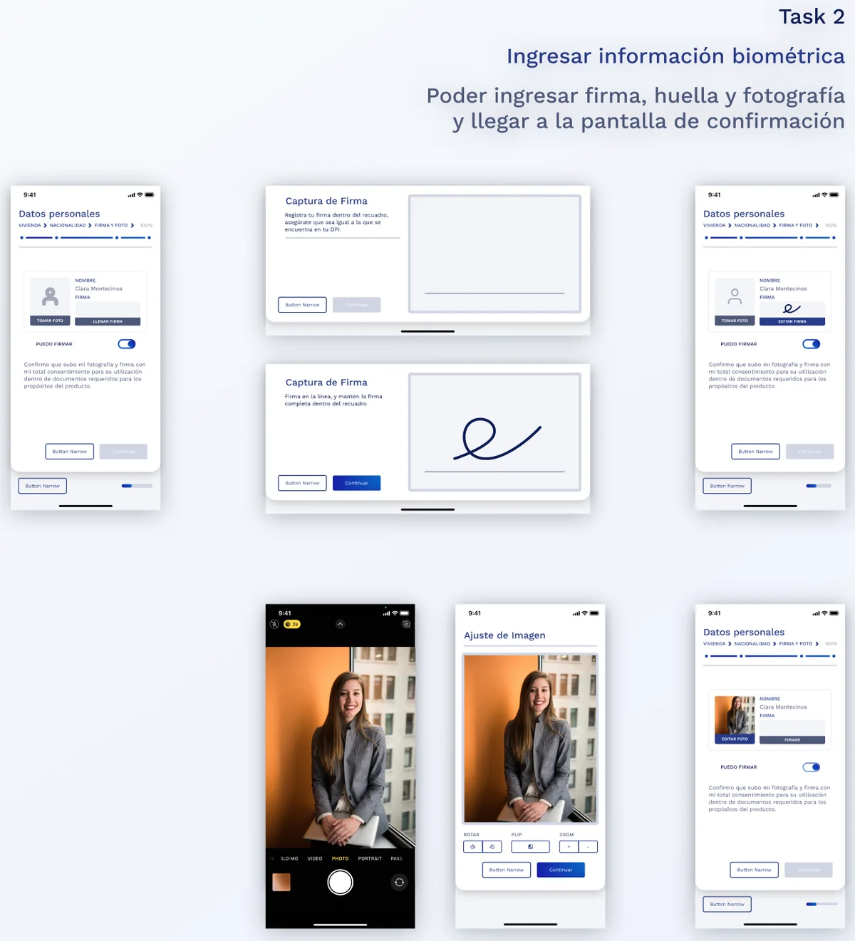 Test screens for capturing signature, fingerprint and photo