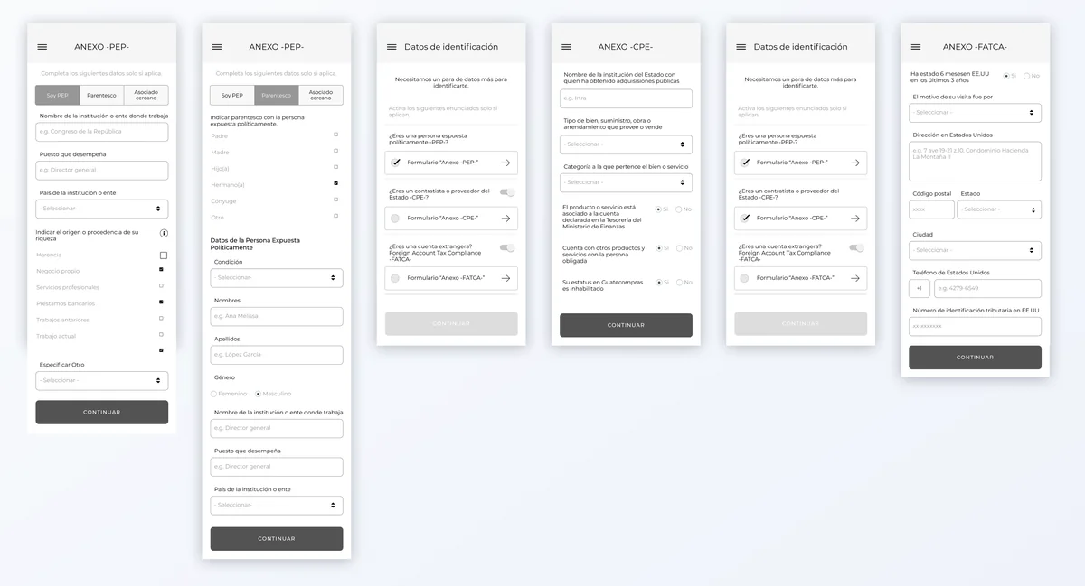 Wireframes for identity and regulatory annex screens