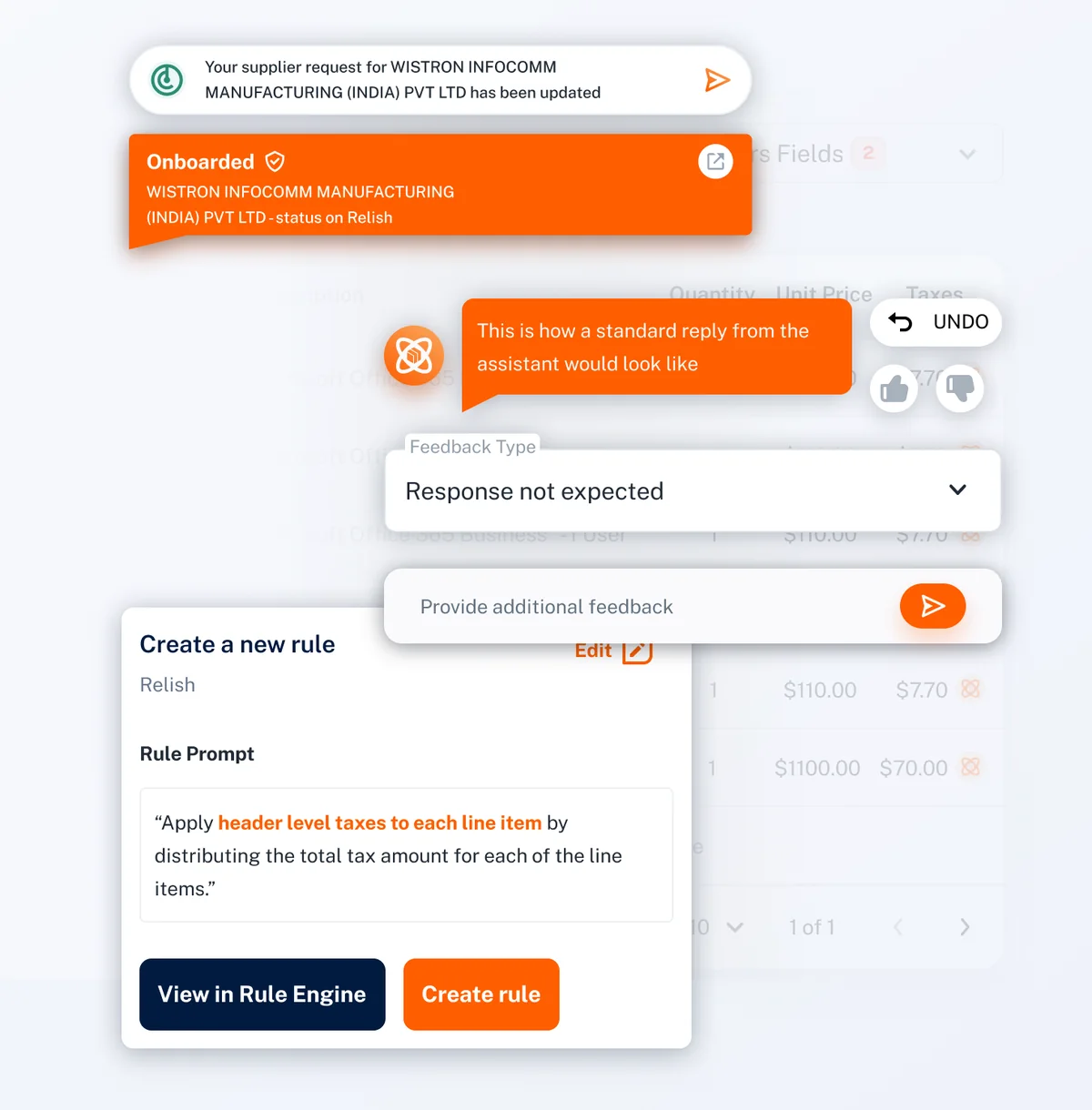 Relish Assistant components: replies, rule creation, feedback and status notifications