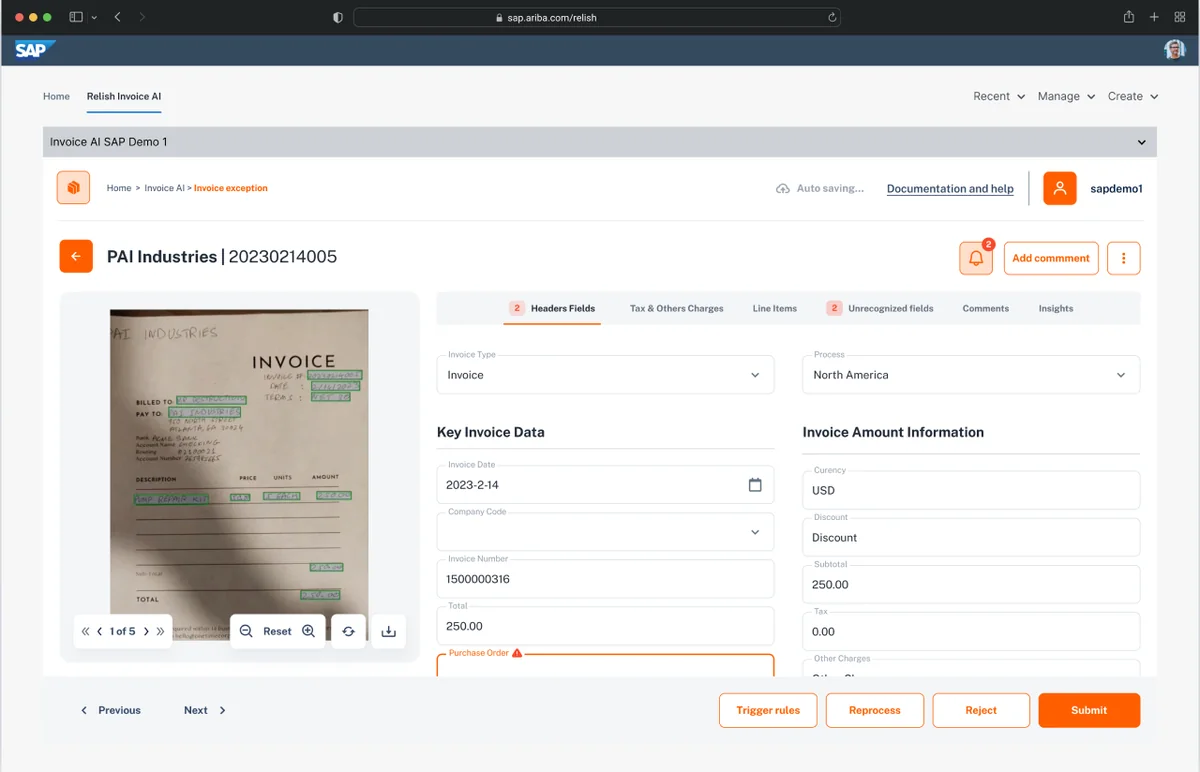 Invoice exception details before and after the refresh — After